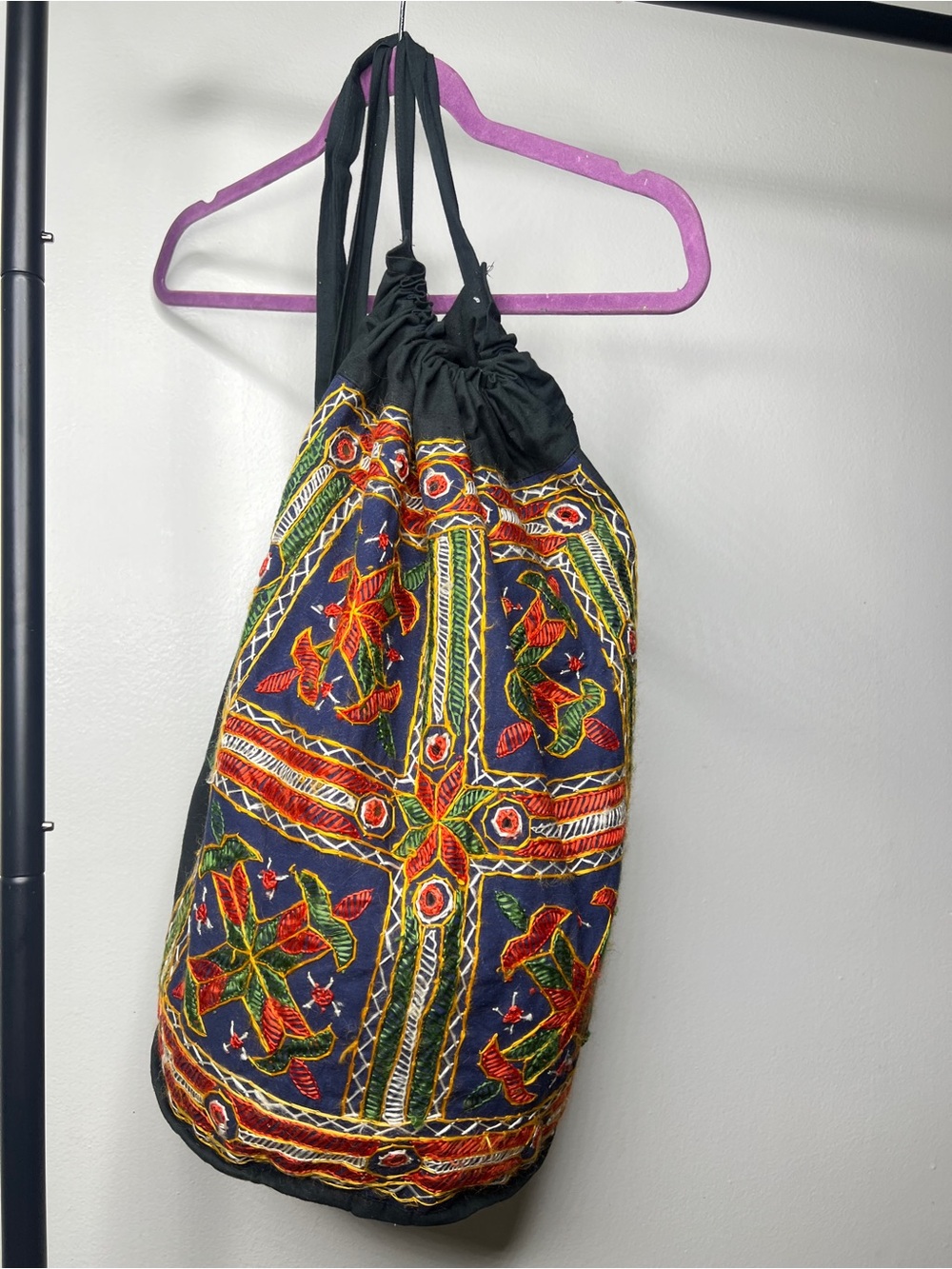 Artizen Embroidered Black Drawstring Bucket Bag with Multicolor Floral Motif